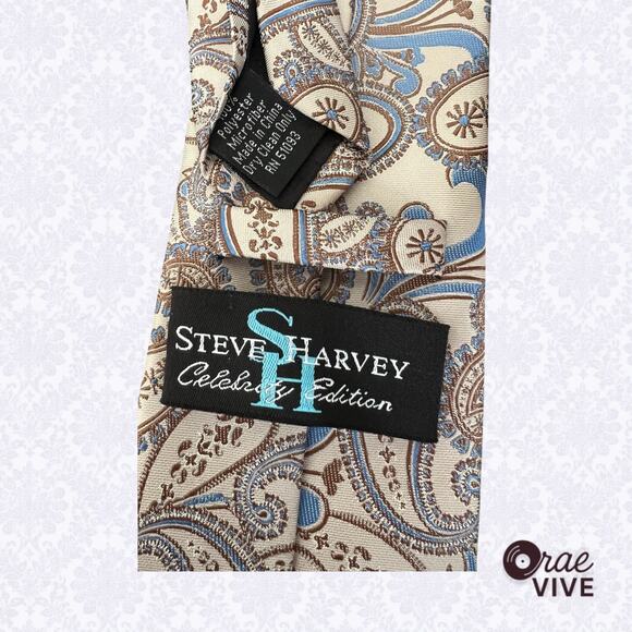 Steve Harvey Celebrity Edition Men’s Tie Cream & Blue Paisley - Picture 5 of 5